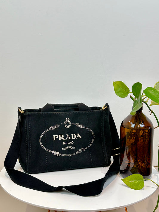 Prada Canapa Black Canvas Tote/2-way Bag